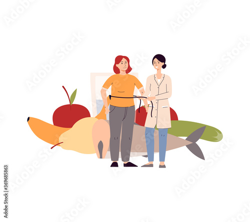 Diet plan and dietology with nutritionist flat vector illustration isolated.