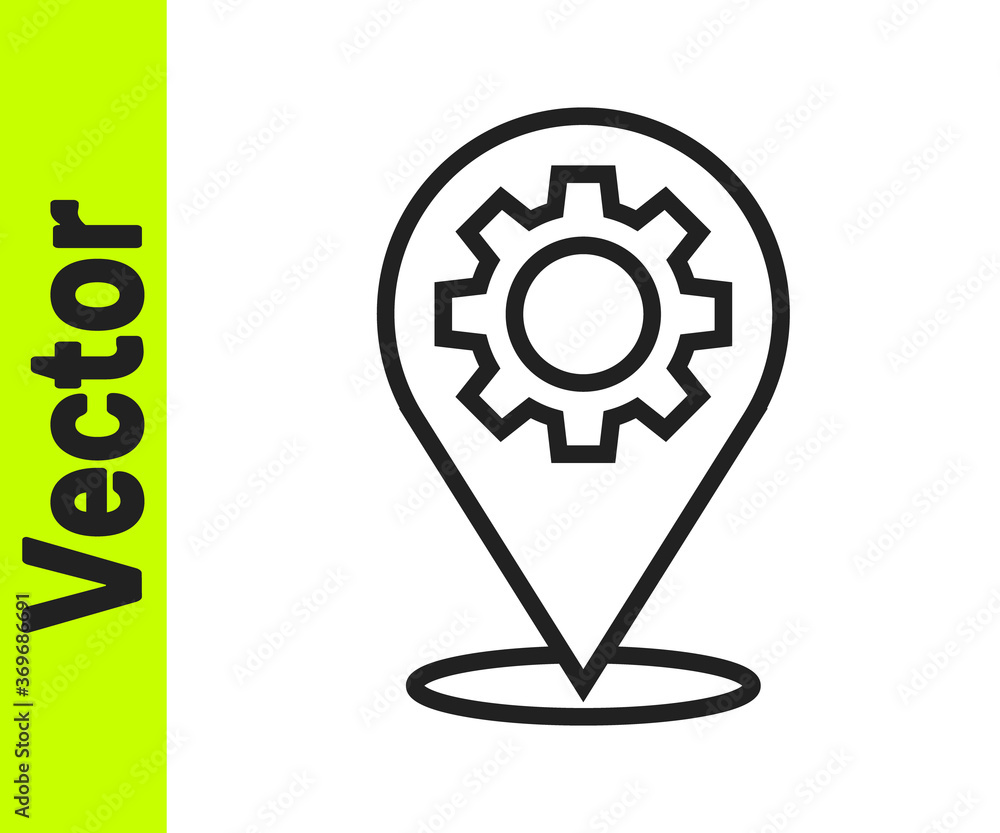 Obraz premium Black line Location with gear icon isolated on white background. Vector Illustration.