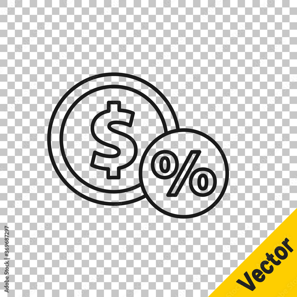 Black line Money coin with percent icon isolated on transparent background. Cash Banking currency sign. Vector Illustration. Black line Money coin with percent icon isolated on transparent background. Cash Banking currency sign. Vector Illustration.