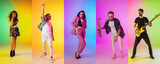 Collage of portraits of 5 young emotional talented musicians on multicolored background in neon light. Concept of human emotions, facial expression, sales. Playing guitar, singing, dancing, jumping.