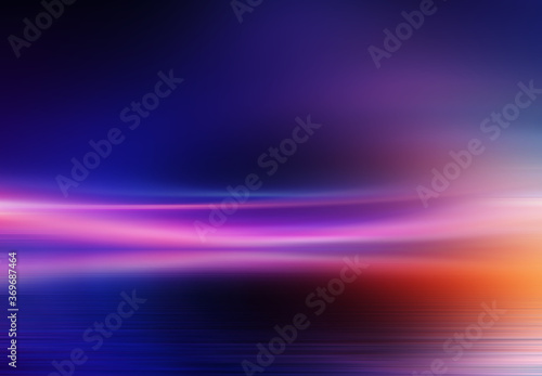 Light neon effect, energy waves on a dark abstract background. Laser colorful neon show. Reflection of light on the asphalt. Night party with clouds of smoke. 3d illustration