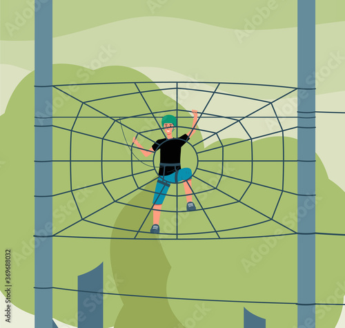 Cartoon man climbing spider web in outdoor rope park