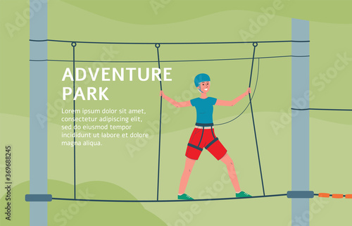 Adventure park banner template with cartoon boy walking on rope bridge