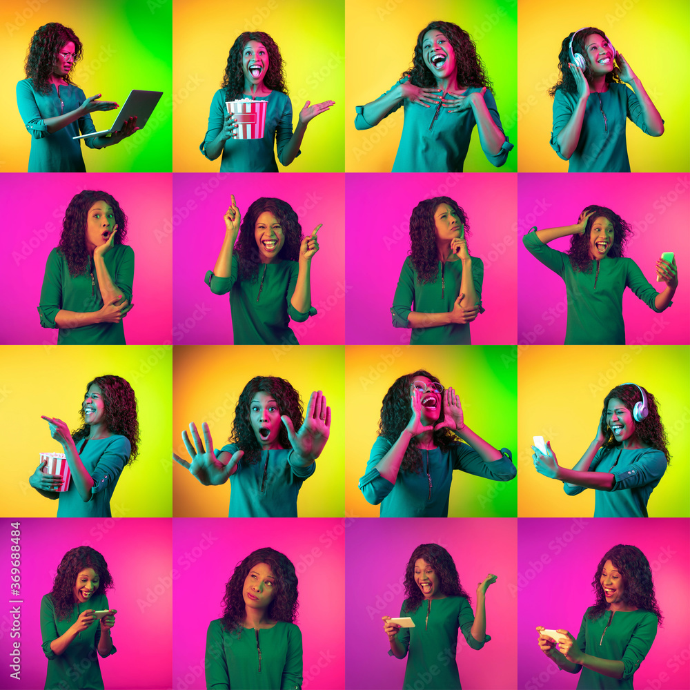 Collage of portraits of young emotional woman on multicolored background in neon light. Concept of human emotions, facial expression, sales. Smiling, listen to music, happy. Copyspace for ad, proposal