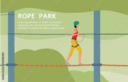 Rope park adventure advertising web banner, flat cartoon vector illustration.