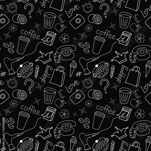 Set of white doodles on a black background, women things, seamless pattern