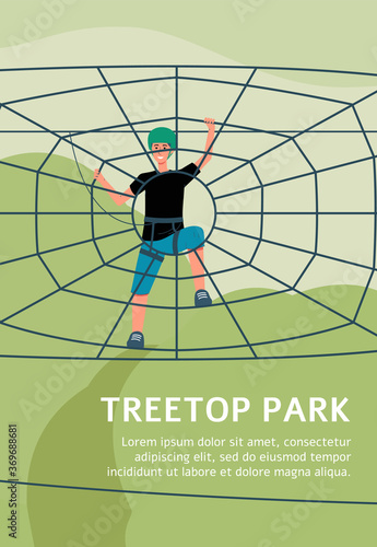 Treetop park poster with cartoon boy climbing rope spider web
