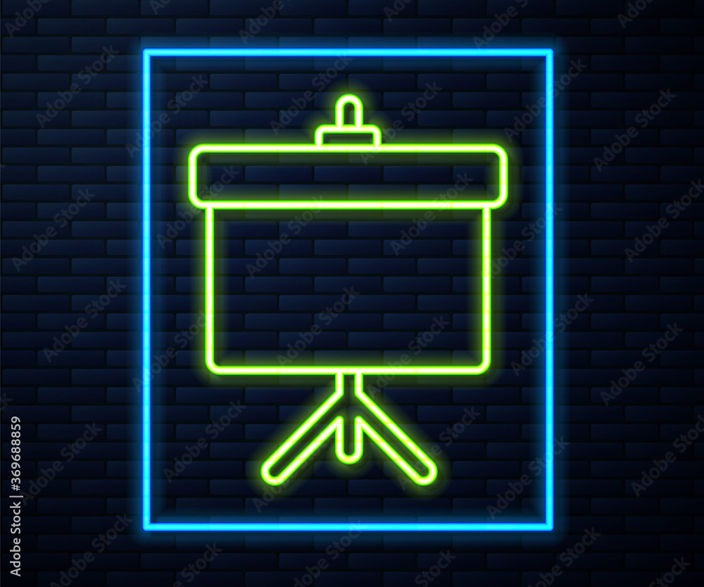 Glowing neon line Presentation board with graph, schedule, chart, diagram, infographic, pie graph icon isolated on brick wall background. Vector Illustration. Glowing neon line Presentation board with graph, schedule, chart, diagram, infographic, pie graph icon isolated on brick wall background. Vector Illustration.