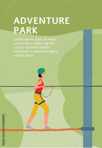 Adventure park poster template with cartoon woman in helmet on rope bridge