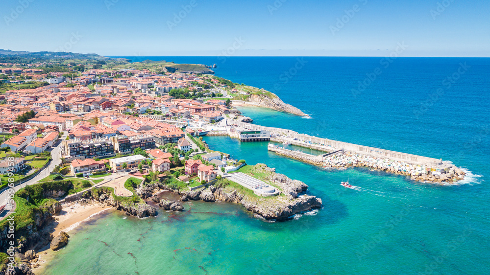aerial view of llanes fishing town in asturias, spain