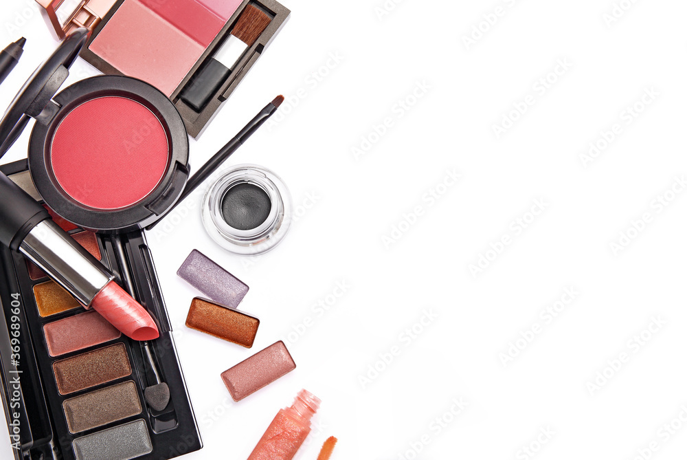 Set of cosmetic products with copy space for text Set of cosmetic products with copy space for text