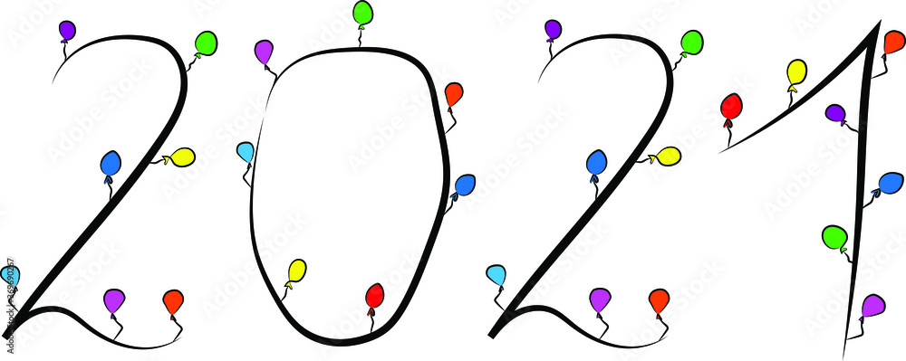 2021. Arabic numerals. Happy New Year and merry Christmas. Bright festive font. Black outline and bright colored balloons. The atmosphere of fun and celebration. Children's celebration
