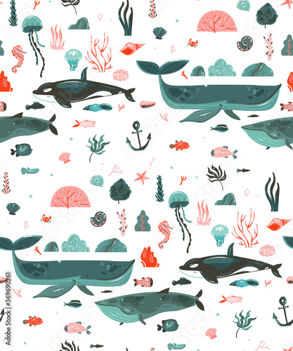 Hand drawn vector abstract cartoon graphic summer time underwater ocean bottom illustrations seamless pattern with coral reefs,beauty big whales,seaweeds isolated on white background