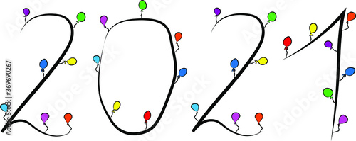 Obraz na płótnie 2021. Arabic numerals. Happy New Year and merry Christmas. Bright festive font. Black outline and bright colored balloons. The atmosphere of fun and celebration. Children's celebration w salonie