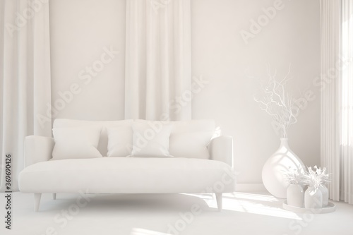 Stylish minimalist room with sofa in white color. Scandinavian interior design. 3D illustration