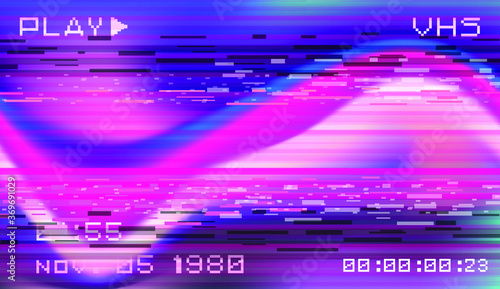 Retro VHS background with Glitch art effect. Vector illustration in retrowave and vaporwave style.