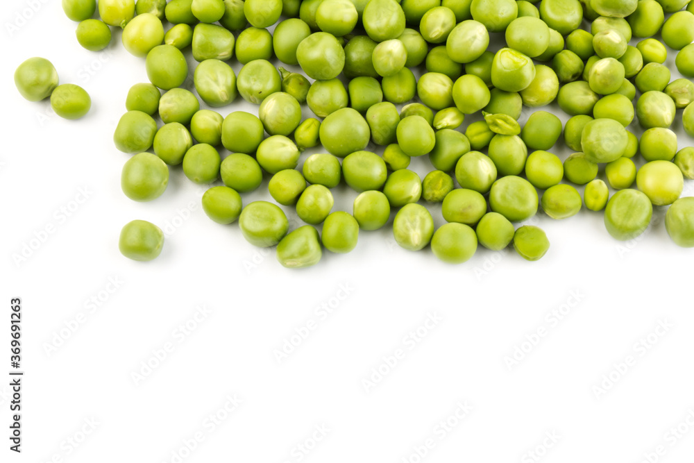 Green young peas, isolated on white background. Close-up. Top view Green young peas, isolated on white background. Close-up. Top view