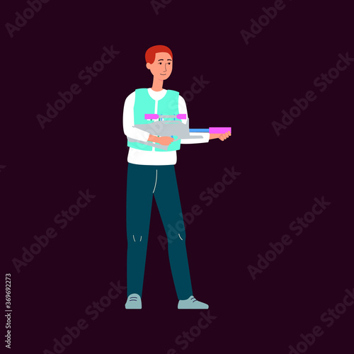 Cartoon man in laser tag uniform holding toy gun and smiling