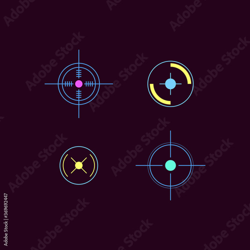 Set of laser tag neon bright target cartoon icons, vector illustration isolated.