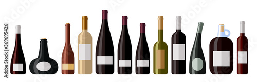 Flat vector icons of black and white wine bottles. Flat vector illustration of wine bottle with label.