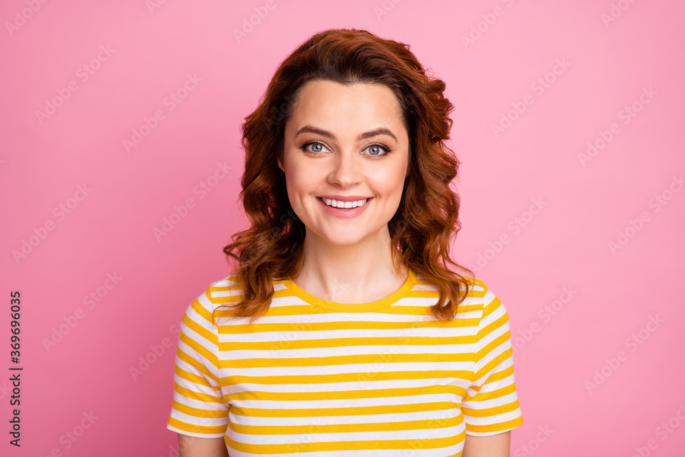 Portrait of lovely sweet girl look in camera enjoy summer spring weekend free time wear striped t-shirt isolated over pastel color background Portrait of lovely sweet girl look in camera enjoy summer spring weekend free time wear striped t-shirt isolated over pastel color background