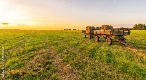 Old vintage carriage with hay stacks in green shiny field with beautiful sunset , hay cart in country valley during sunrise , wagon with haystacks and scenic view