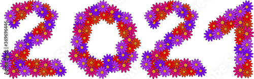 Obraz na płótnie 2021. Arabic numerals. Happy New Year and merry Christmas. A bright floral print. Purple, orange, pink flowers with beautiful petals. Flowering in spring and summer. Romantic festive atmosphere w salonie