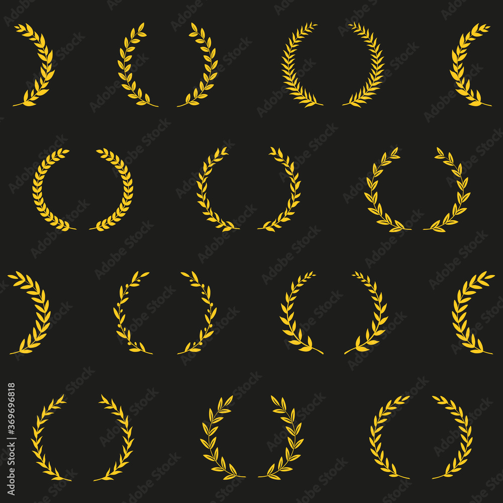 Gold award wreaths on black background.Seamless pattern. Vector illustration.