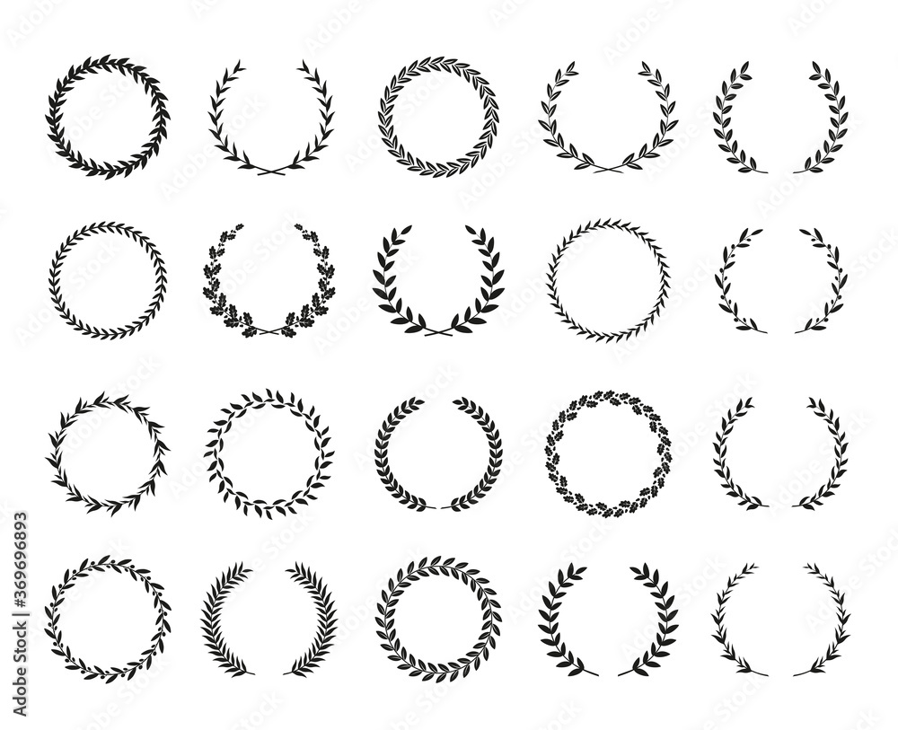 Collection of black and white circular laurel wreaths for use as design elements in heraldry on an award certificate manuscript and to symbolise victory illustration in silhouette Collection of black and white circular laurel wreaths for use as design elements in heraldry on an award certificate manuscript and to symbolise victory illustration in silhouette