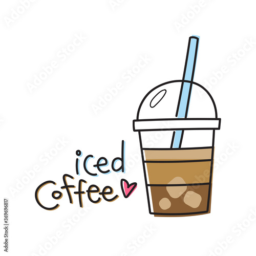 Iced coffee doodle vector art with hand-drawn lettering. Minimalist drawing of summer beverage with ice in a plastic cup. Isolated design element for card, sticker, web banner or print.
