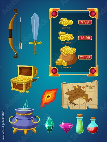 Vector game item and artifact isolated set on blue