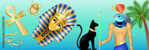 Egypt symbols banner. Cartoon poster with pharaoh, Horus, black cat and scarab on blue background. Vector illustration in flat style