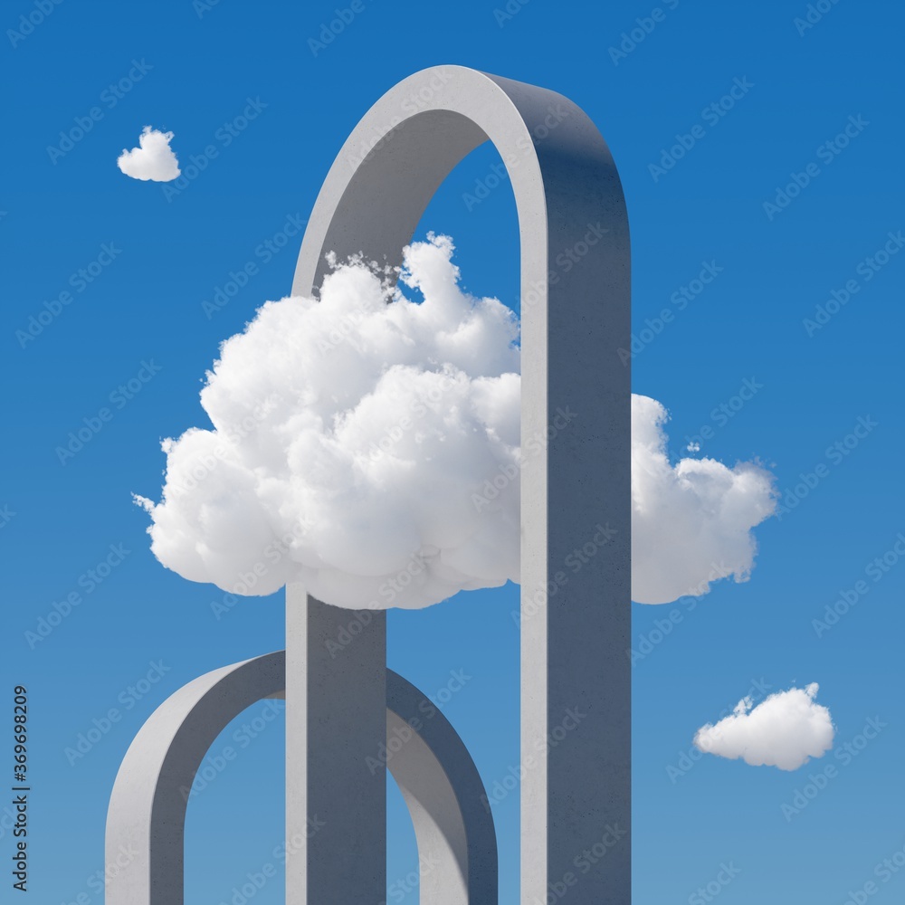 Ταπετσαρία 3d render, abstract cloudscape on a sunny day, white clouds float under the round concrete arches on the blue sky