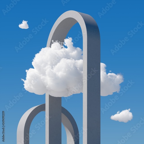 3d render, abstract cloudscape on a sunny day, white clouds float under the round concrete arches on the blue sky. Minimal surreal dream concept