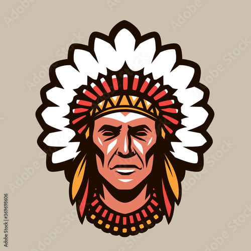 Indian chief in headdress of feathers. Warrior symbol or mascot