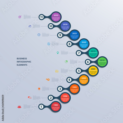 Infographics timeline template for 11 steps and icons. Can be used for workflow layout, annual report, diagram, number options, step up options, web design, infographics, presentations