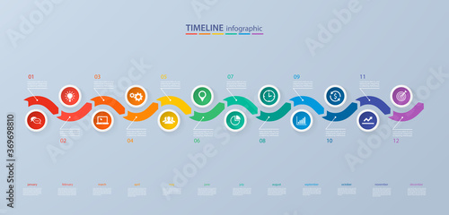 Infographics timeline template with realistic colorful circles for 12 steps and icons. Can be used for workflow layout, diagram, number options, step up options,  infographics, presentations