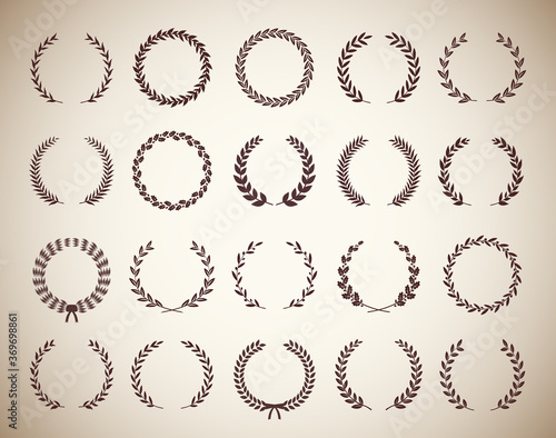 Collection of twenty circular vintage laurel wreaths. Can be used as design elements in heraldry on an award certificate manuscript and to symbolise victory illustration in silhouette
