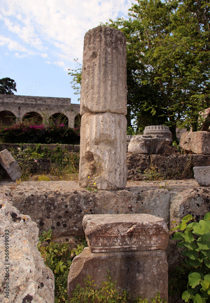 Naklejka premium Temple of Aphrodite, ruins of antique temple and columns remains, the Old Town of Rhodes, Rhodes city, Greece