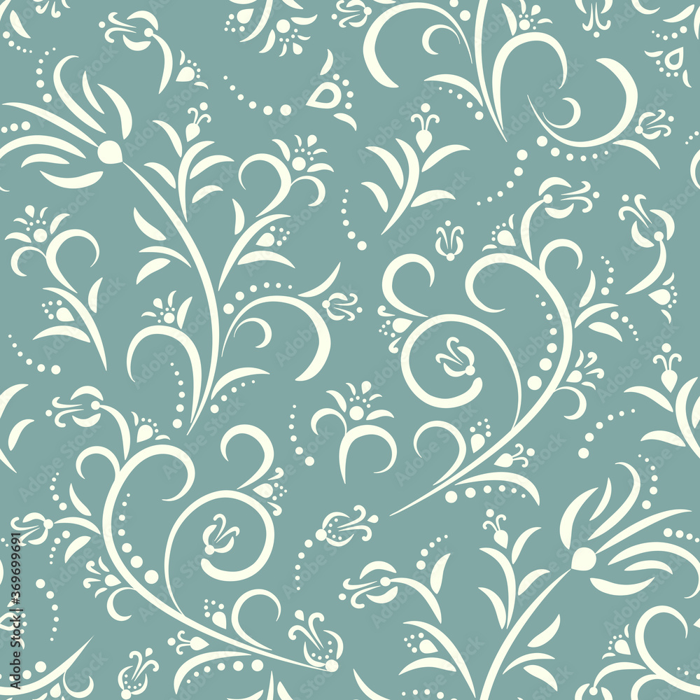 Seamless green  background with white floral  pattern in baroque style. Abstract decorative retro illustration