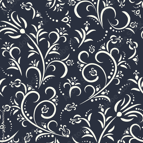 Seamless dark background with white floral pattern in baroque style. Abstract decorative retro illustration