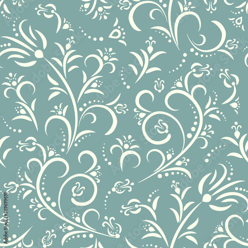 Seamless green  background with white floral  pattern in baroque style. Abstract decorative retro illustration