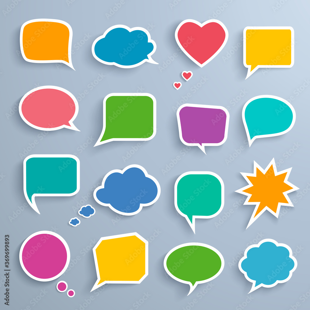Set of speech bubbles stickers with shadows on the gray background. Vector illustration. Eps 10. Set of speech bubbles stickers with shadows on the gray background. Vector illustration. Eps 10.