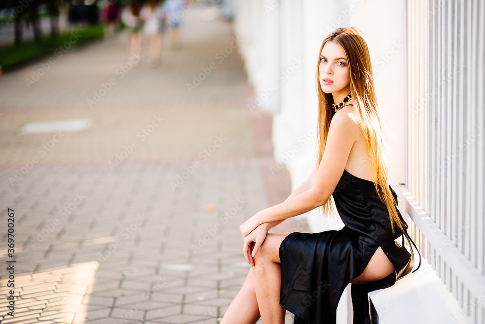 portrait beautiful girl in black dress outdoors portrait beautiful girl in black dress outdoors