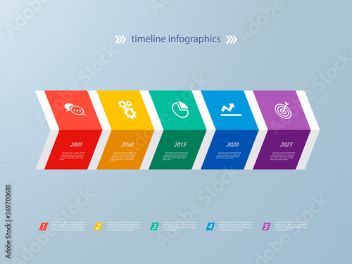 Infographics timeline template with realistic colorful arrows for 5 steps and icons. Can be used for workflow layout, diagram, number options, step up options, web design, infographics, presentations