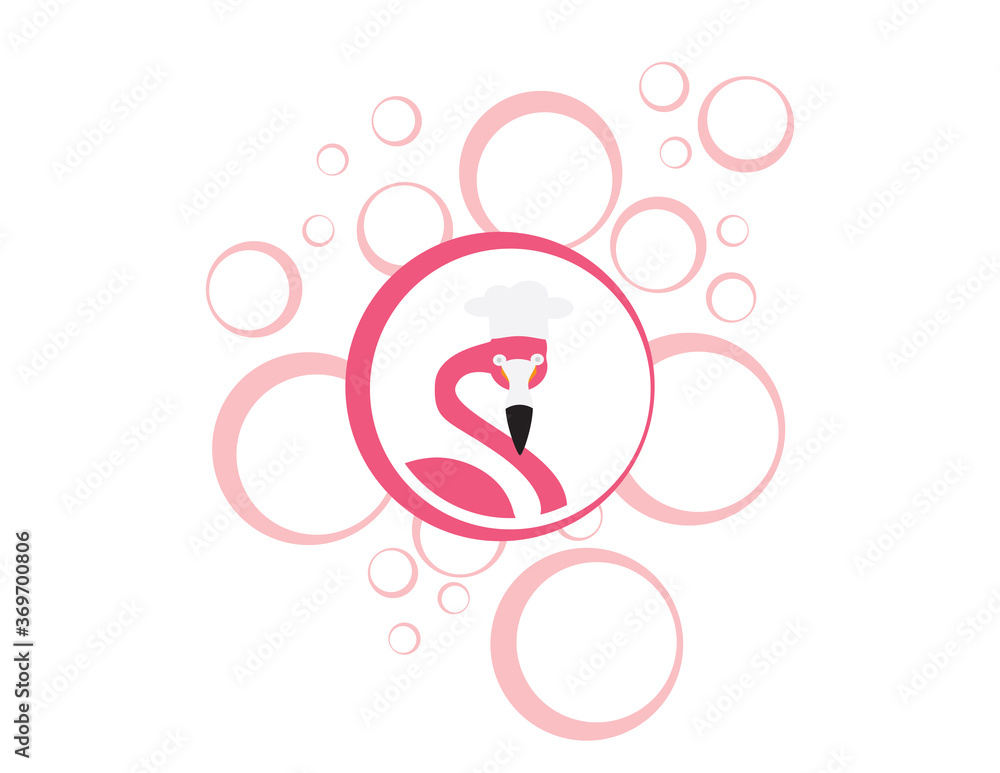 Obraz premium Pink Flamingo with chef hat and Round shapes background