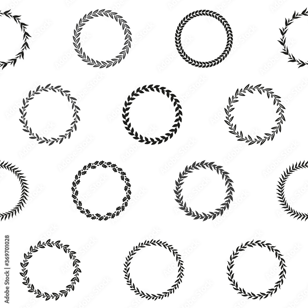 Black and white circular award wreaths. Seamless pattern. Vector illustration.