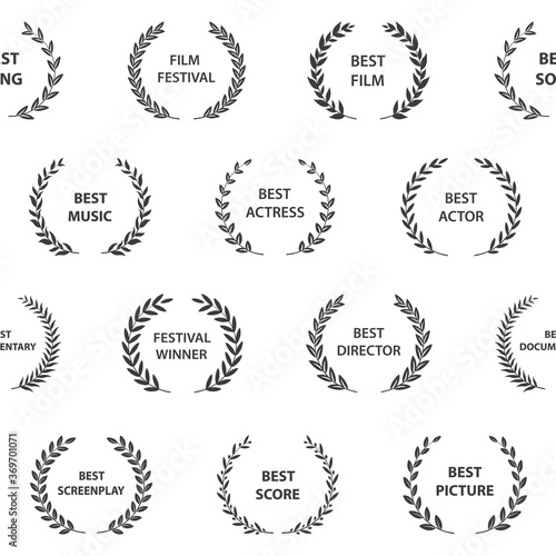 Black and white film award wreaths. Seamless pattern. Vector illustration.