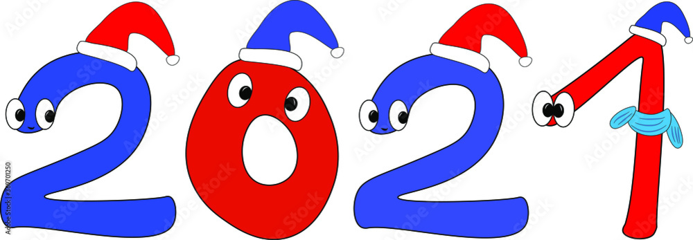 2021. Arabic numerals. Happy New Year and merry Christmas. Funny children's new year holiday theme. Bright colored numbers with eyes. Characters in Santa hats and scarves. Winter theme