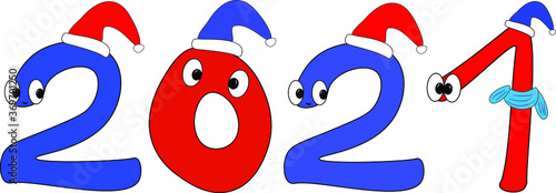 Obraz na płótnie 2021. Arabic numerals. Happy New Year and merry Christmas. Funny children's new year holiday theme. Bright colored numbers with eyes. Characters in Santa hats and scarves. Winter theme w salonie
